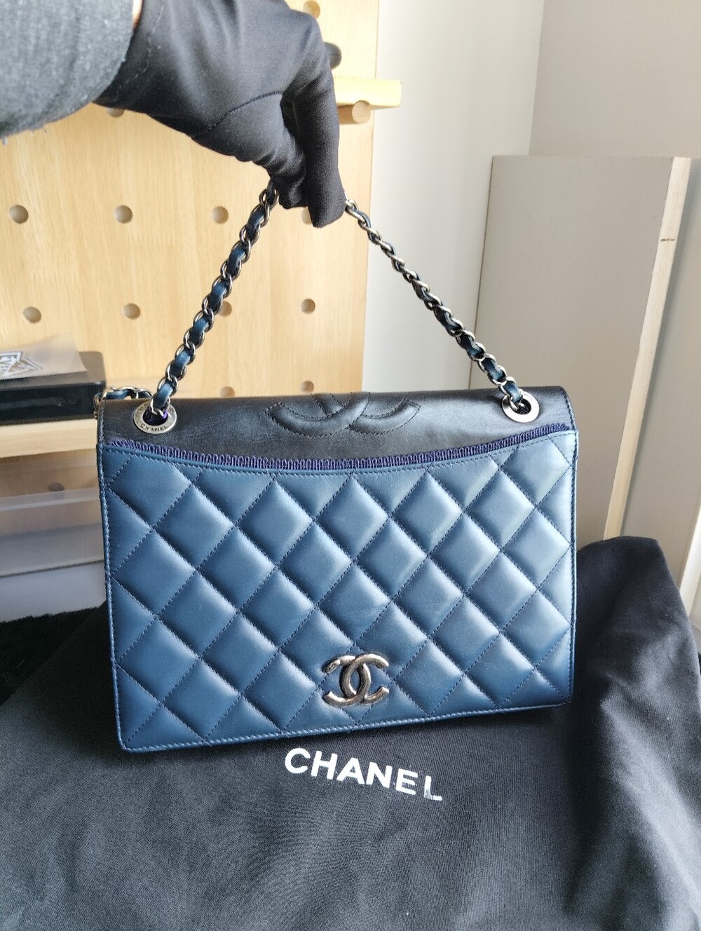 CHANEL Navy and Black Quilted Leather Shoulder Bag
